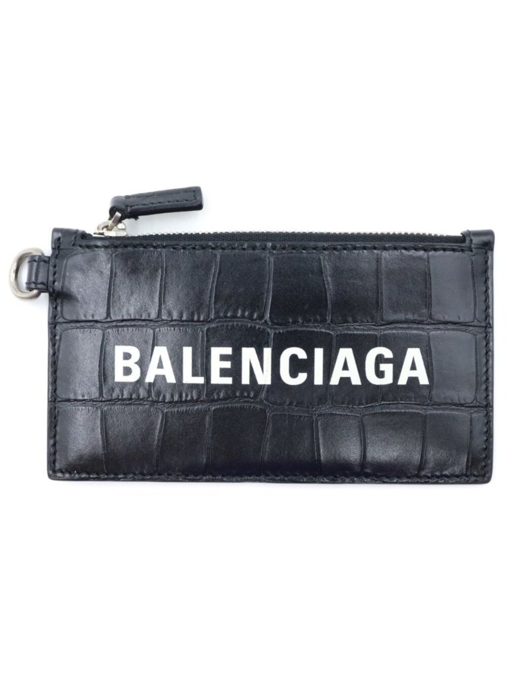 Balenciaga Croco Embossed Card Case Black with Neck Strap